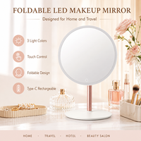 Miroir de maquillage LED rond avec capteur tactile, socle fin et base large pour coiffeuse de chambre