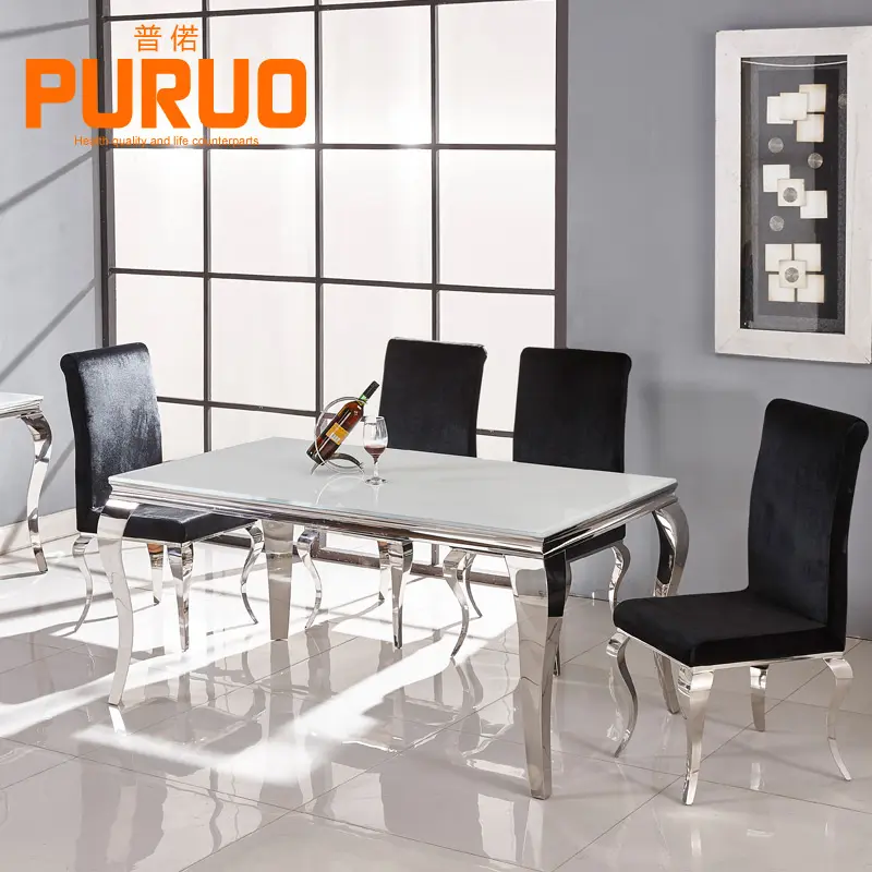 Silver metal stainless steel mirrored marble table tops 8 chair dining table set modern