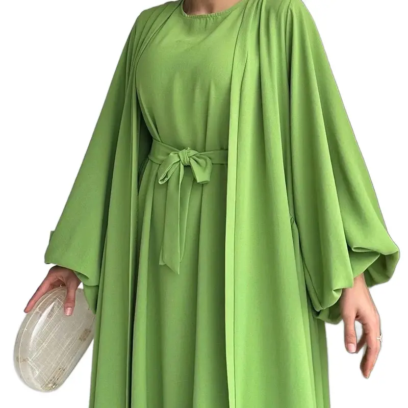Hete Verkoop Twee Stukken Set Bescheiden Abaya Kaftan Casual Jurk Moslim Vrouwen Lange Mouw Jazz Crêpe Open Abaya Set