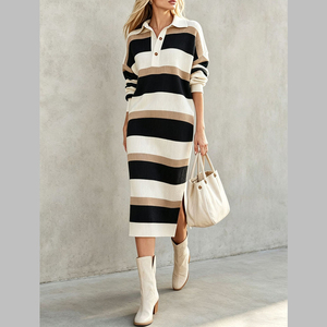 Nuovi Arrivi: Abito Midi in Maglia da Donna a Righe Colorate con Colletto, Maniche Lunghe e Spacco Laterale, Collezione Autunno 2026 - Product Image 2