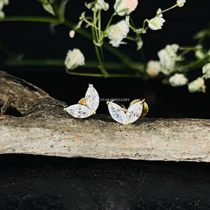 14K Solid Gold Leaf Stud <b>Earrings</b> with Marquise Cut Natural Diamond Rose Gold/White Gold Options Christian Gift - Product Image 5