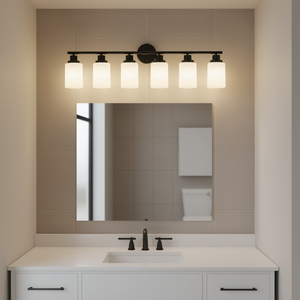 Applique murale moderne à 6 lumières pour salle de bain, en verre dépoli blanc, avec cadre en fer noir, LED blanc chaud, pour miroir - Product Image 2