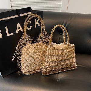 Bolso de Hombro Portátil de <span class=keywords><strong>Playa</strong></span> para Vacaciones, de Moda, Tejido Calado con Cremallera y Líneas Doradas y Plateadas, de PU, Nueva Colección de Verano Matsujin - Product Image 4