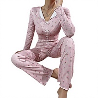 Ensemble de pyjama respirant à manches longues pour femme, style européen et américain, avec nœud papillon, jacquard floral et revers à bords roulés