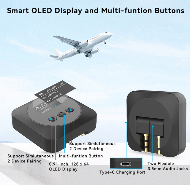 Bluetooth Transmitter for Airplane 2 in 1 Wireless Audio Adapter for In-Flight Entertainment 3.5mm Jack Bluetooth 5.2 Receiver