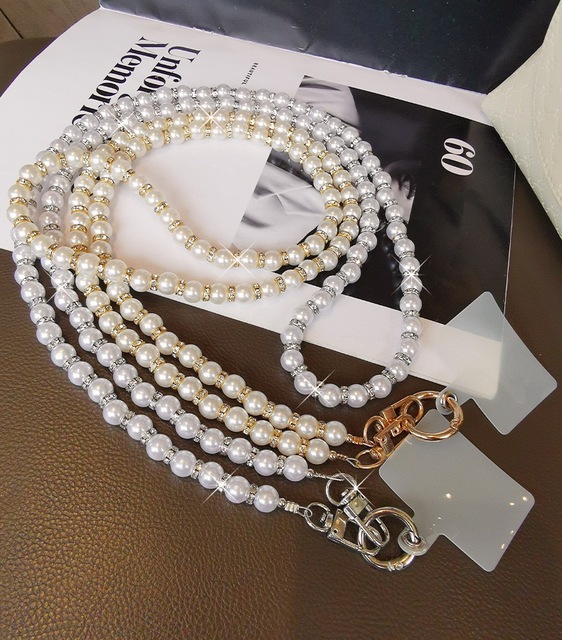 Universal Customizable Glitter Phone Lanyard 120-130cm Crossbody Necklace Chain Pearl Straps Keychain Anti-lost Sling Phone