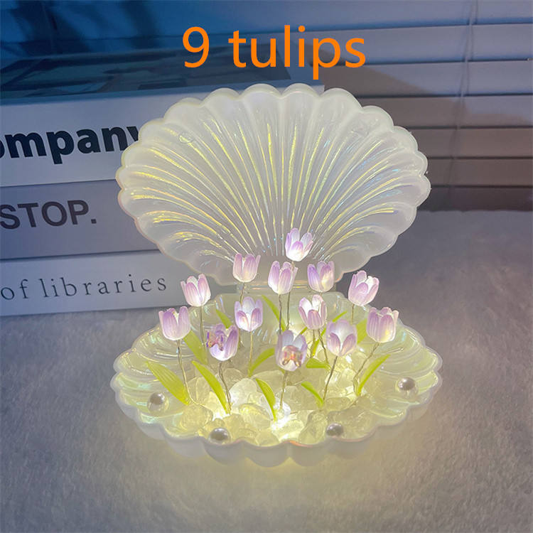 white plastic shell 9 purple tulips