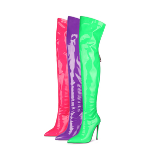 In microfibra pelle verniciata fluorescente verde viola <span class=keywords><strong>fucsia</strong></span> a punta a spillo tacco alto sopra il ginocchio stivali alti per donna - Product Image 3