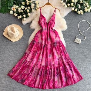 <span class=keywords><strong>Vestido</strong></span> Maxi Romántico Casual de Verano con Estampado Floral, Cuello en V, Tirantes Finos, Espalda Descubierta, Cintura Ajustada y Volantes - Product Image 5