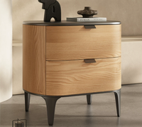 Mesa de Noche de Madera Maciza Moderna y Minimalista con Dos Cajones, Mesa Auxiliar Ajustable de Cuero para Dormitorio