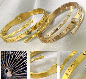 18K Gold PVD Stainless Steel Projection Cuff <b>Bangle</b> <b>Bracelet</b> with 100 Languages I Love You Design | Durable Romantic Jewelry - Product Image 6
