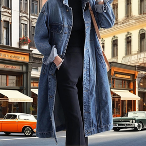 Women's Long <b>Denim</b> <b>Coat</b> Solid Color Button Front Loose Fit Stonewashed Casual Autumn Jacket - Product Image 2
