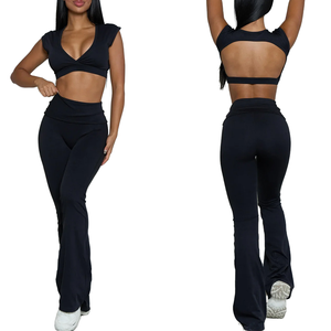 Women's 2 Piece Yoga Set Deep V Neck Crop Top High Waist <b>Flare</b> <b>Leggings</b> Cut-Out Design Seamless Breathable Solid Black - Product Image 1