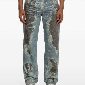 Jeans de Mezclilla Azul Desgastado Vintage para Hombre con Detalles de Parches Oscuros, Adecuados para Estilo Casual Y2K, Hip-hop y Urbano - Product Image 2