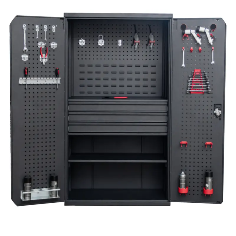Gabinete de herramientas de alta resistencia con doble puerta Gabinete de garaje de almacenamiento de herramientas de metal con percha para taller