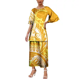 Yellow Micronesia Design Fashion Half Sleeve Dress Polynesian Samoan Tribal Custom Pattern Puletasi Two Piece Wholesale Price