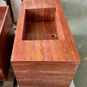 Diseño Moderno de Baño Pequeño, Lavabo de Mármol Natural, Lavabo de Travertino Rojo, Lavabo de Mármol Rojo Tallado en Bloque - Product Image 5