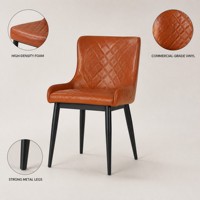 Chaise de salle à manger moderne en métal, revêtement vinyle cognac, assise matelassée en losanges, pour restaurant, café, hôtel, maison
