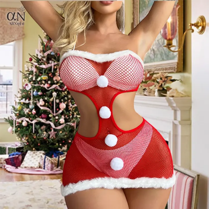 Yeni noel pijama seksi noel baba kostümleri egzotik dans striptizci kıyafet Fishnet vücut çorap Babydoll iç çamaşırı kadınlar için