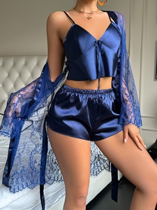 Tentazione di lusso in rete trasparente camicia da notte con scollo a V Pantaloncini all'americana <span class=keywords><strong>pigiama</strong></span> da <span class=keywords><strong>donna</strong></span> vendita calda elasticizzata in vita Set tessuto <span class=keywords><strong>estivo</strong></span> - Product Image 5