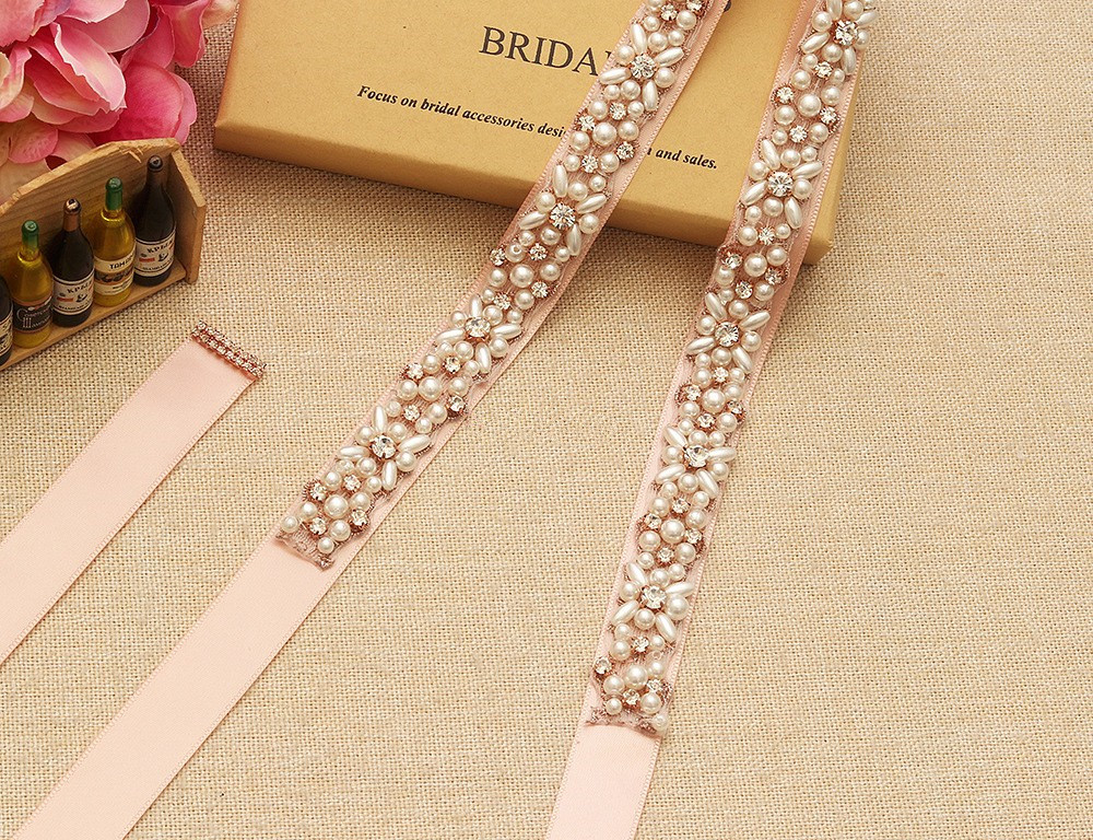 Luxury Pearl Belt with Rose Gold Rhinestone - Bridal Accessory