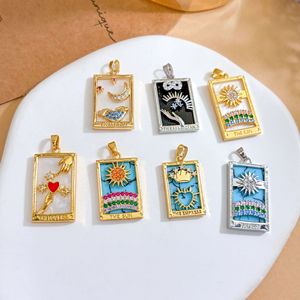 Pendentifs rectangulaires HD873 Mystic Tarot en or et argent bicolore, émail, zircon, lune, cœur, soleil, arc-en-ciel pour la fabrication de bijoux - Product Image 3