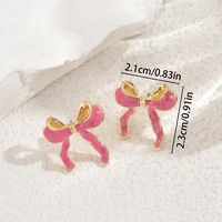 Pendientes de botón con lazo de cinta en forma de gota de aceite rosa dulce, de aleación de zinc en tono dorado, con lazo 3D y efecto perla, para perforación de oreja.