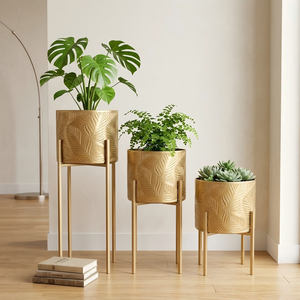 Ensemble de jardinières sur pied <span class=keywords><strong>en</strong></span> fer doré écologique de haute qualité, <span class=keywords><strong>pot</strong></span> de fleurs <span class=keywords><strong>en</strong></span> métal à feuilles gaufrées, moderne, décoratif pour plantes d'intérieur 3-6L - Product Image 2