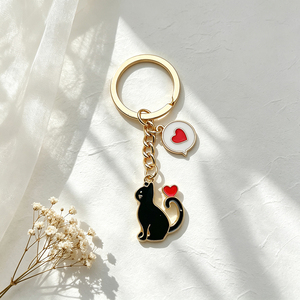 Cute Black Cat Keychain With Red Heart Pendant Zinc Alloy Metal <b>Key</b> <b>Ring</b> Valentine's Day Gift Irregular Shape Charm - Product Image 1