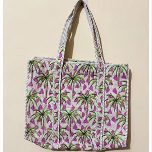 กระเป๋าโท้ทผ้าฝ้ายลายต้นไม้สีเขียวแบบเย็บติดกัน ชุดกระเป๋า 3 ใบ ทำมือ พร้อมปักชื่อได้ กระเป๋าสะพายข้าง ราคาขายส่ง - Product Image 1