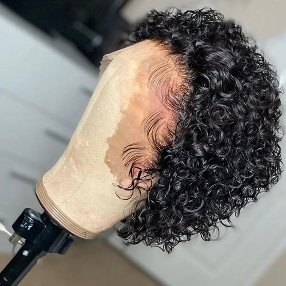 Peluca de cabello humano rizado con corte Pixie para mujer, postizo de encaje completo con densidad de 180, pelo brasileño Remy con línea de pelo Natural