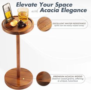 Pedestal Side <strong>Table</strong>, Acacia <strong>Drink</strong> <strong>Table</strong> with Weighted Base, <strong>Small</strong> Round Side <strong>Table</strong> for <strong>Small</strong> Spaces with Phone Holder - Product Image 4
