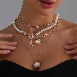 Fashion Baroque <b>Pearl</b> Starfish <b>Necklace</b> for Women with Seashell <b>and</b> Conch Beach Elements Casual Jewelry - Product Image 1