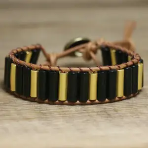 Black Agate Boho Bracelet Vintage Leather Wrap Fine Jewelry Gift Natural Gemstone Tube Beaded Onyx Bracelet for Men Women