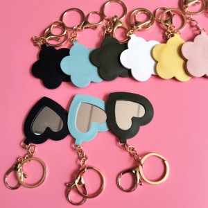 Sweet Heart Shaped Pu Leather Pocket Mirror Pu Compact Make up Mirror With Key Chain for Women - Product Image 5