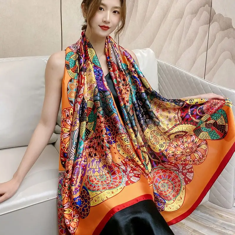 new luxury winter long square satin 100% scarf silk custom print silk scarf