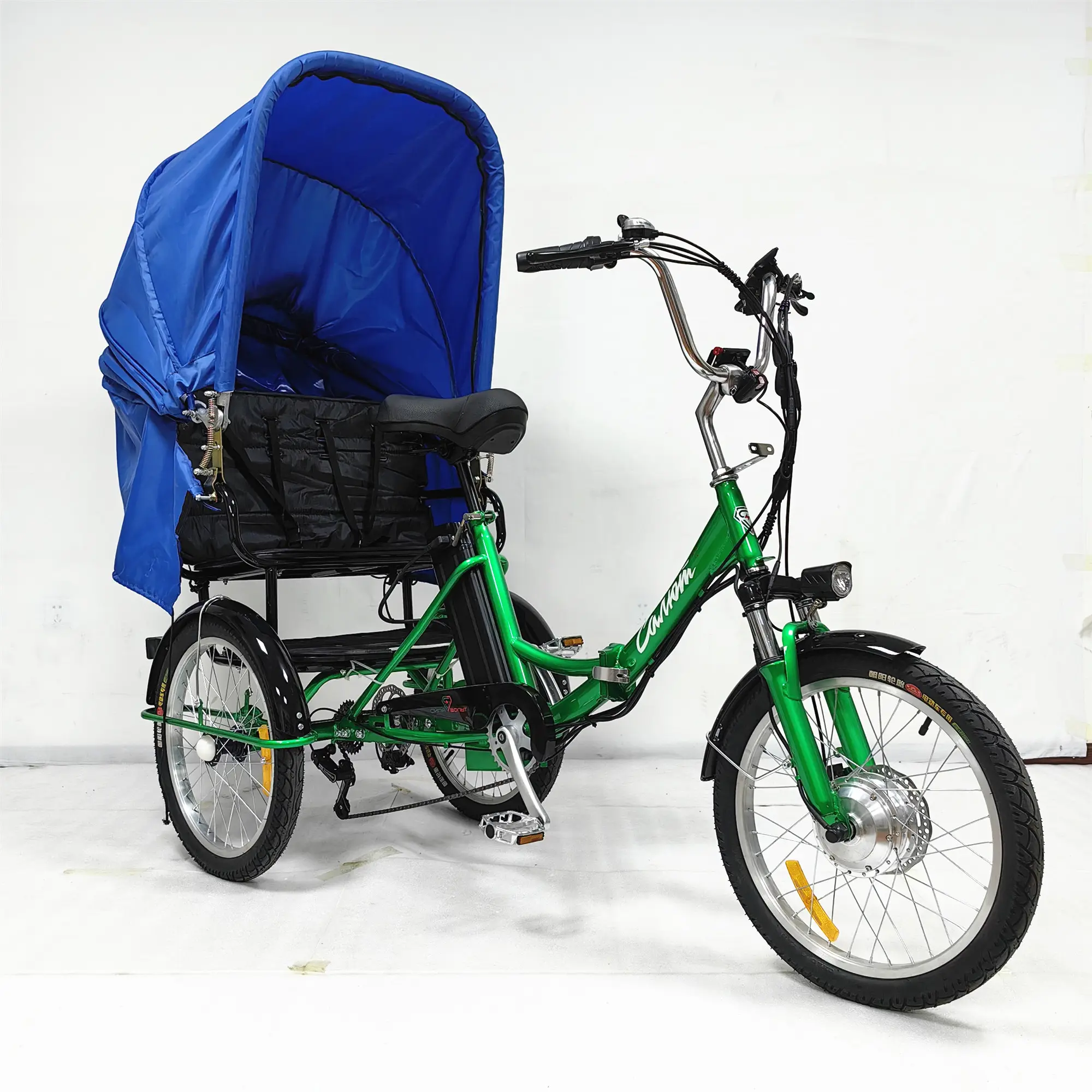 뒷좌석과 캐노피가있는 20 "전동 7 단 접이식 프레임 전기 승객 세발 자전거 페달 보조 성인 폴드 E- trike