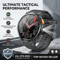 Montre connectée sportive robuste K66 avec lampe torche LED, batterie 730 mAh, appels et assistant vocal IA