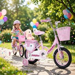 Prêt à être expédié : Vélo pour filles KiddyBoo 12-20 pouces rose avec panier et roues stabilisatrices - Product Image 1