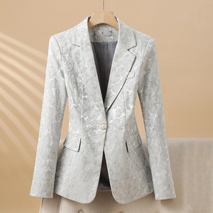 Light Blue Women's Blazer With Floral Pattern Slim Fit Long Sleeve Elegant Office Wear - Product Image 2