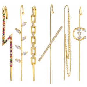 Luxury 18k Real Gold Filed Copper Zircon Bolt Leaf Pearl Chain Woman Ear Cuff Clip Crawler Wire Wrapped Hook Earrings Jewelry