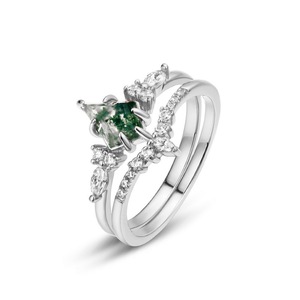 Anello in Agata Muschiata Naturale con Diamante Moissanite, <span class=keywords><strong>Set</strong></span> di Anelli in Argento 925 Placcato Oro 14K, Gioielli Raffinati Personalizzati per Uomo e Donna - Product Image 3