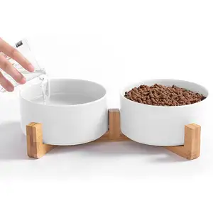 Raised Dog Food Water Bowl Set Puppy Ceramic Dog Bowl with Wood Stand Non-Slip White Pet Bowls Dog and Cat