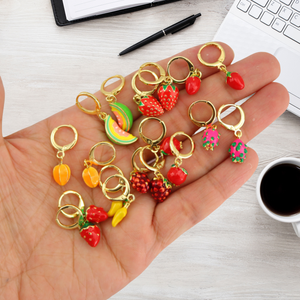 Boucles d'Oreilles Kawaii Mignon Plaqué Or Émail Grenade Fraise Citron Pitaya Pastèque Dragon Fruit Drop Dangle Huggies Hoops - Product Image 2