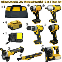 Kits d'outils à main jaunes 12 en 1, 20V 5Ah, batterie de haute qualité, meuleuse, clé à chocs, outils électriques, kits d'outils électriques complets
