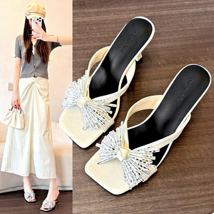 Women Square Toe Thong Slide Mules Rhinestone Tassel Decor Flared <b>Heel</b> Slip On Summer Sandals - Product Image 5