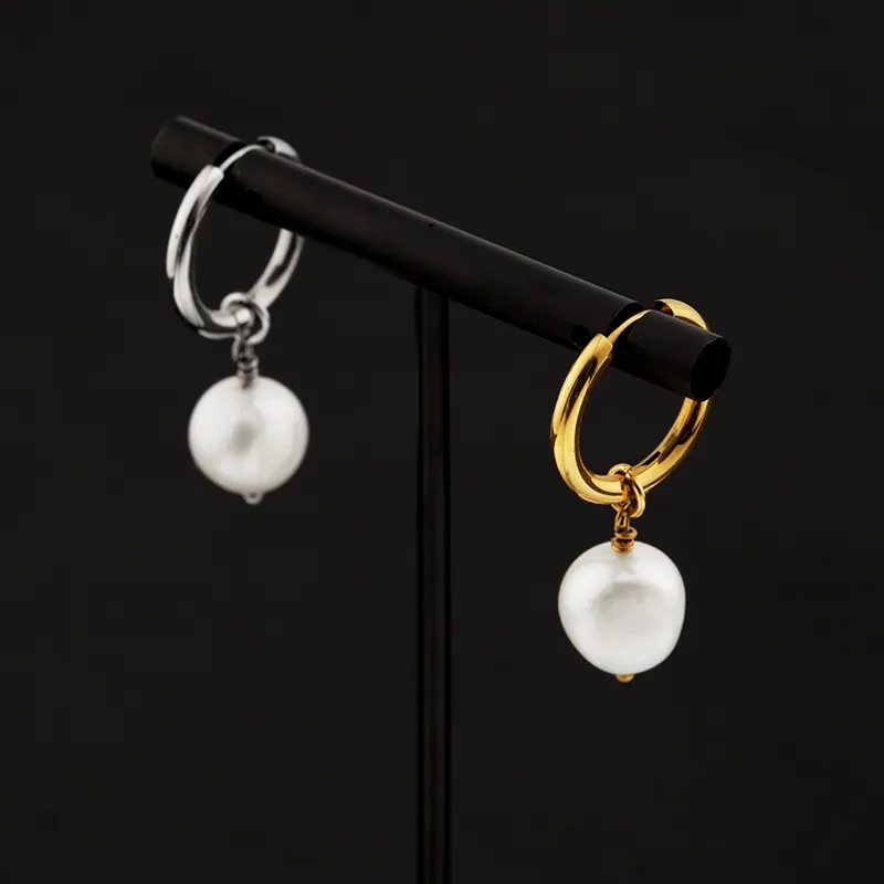 Natural freshwater pearl earrings jewelry stainless steel single baroque pearl hoop earrings for Women