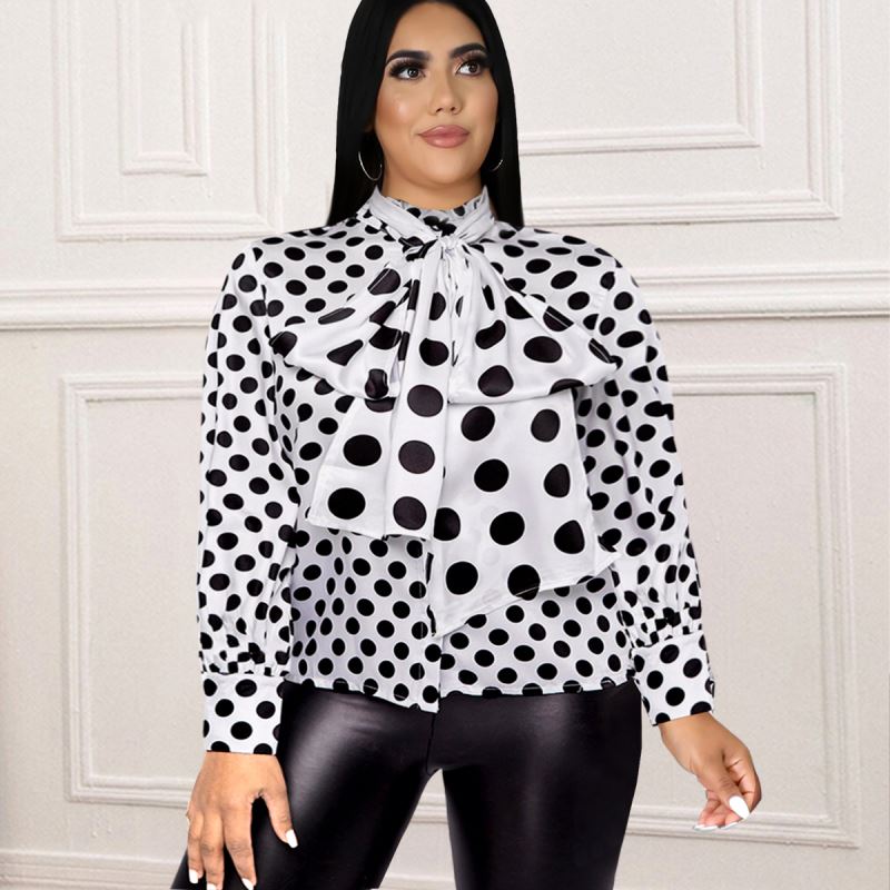 Chemise blanche à pois noirs avec nœud à manches lanterne grande taille chemisiers de carrière pour femmes