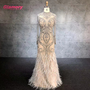 2020 nuovo Stile di Lusso Collo Alto A Maniche Lunghe Che Borda Piuma Elegante Mermaid <span class=keywords><strong>Abito</strong></span> Da Sera - Product Image 1