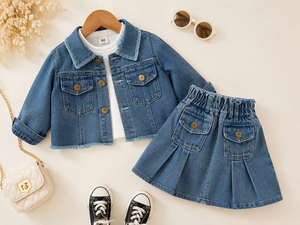 Giacca di jeans vintage da ragazza 2026, stile retrò con colletto a risvolto, maniche lunghe, giacca corta in denim, capospalla casual blu per bambini, moda boutique - Product Image 1